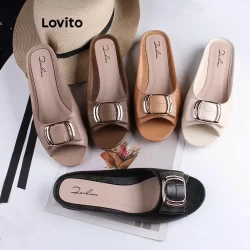 Lovito Sandália plana confortável antiderrapante casual de metal liso para mulheres LFA34555