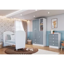 Quarto de Bebê Completo Pimpolho com Guarda-Roupa 3 Portas, Cômoda e Berço Espresso Móveis Azul/Branco