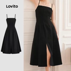 Lovito Vestido Casual liso plissado com zíper para mulheres L124AD098