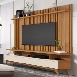 Rack com Painel para TV até 72 Polegadas Ripado Pés Madeira Maciça Classic