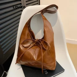 Lovito Casual Plain Bow Superfície Brilhante de Alta Commute Estudante Bolsa de Ombro Tote para Mulheres LFA60037