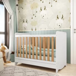 Berço Mini Cama Americano 100% Mdf 3 em 1 Ben Branco Brilho/Amêndoa