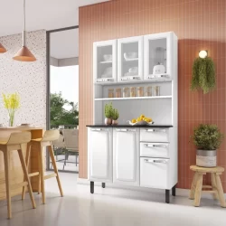 Cozinha Compacta em Aço 105cm 6 Portas 3 de Vidro 2 Gavetas Pratika Itatiaia Branco