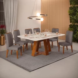 Conjunto Sala Jantar 6 Cadeiras Sem Vidro 170x90 DJ Móveis Kiara Freijó Quartzo Yasmin Veludo Lunar