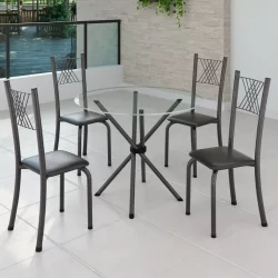 Conjunto de Jantar Mesa Tampo Redondo de Vidro Incolor com 4 Cadeiras Sara Yescasa Preto Liso/Mart Prata