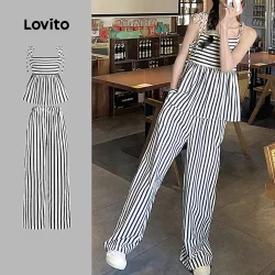 Lovito Tops ou calças femininas casuais listradas com botões nas costas L125AD066