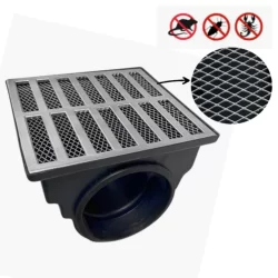 Ralo Pluvial 20x20 com grelha em Aluminio e Saida Lateral para tubo de 100mm + Tela contra Insetos