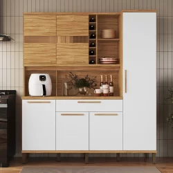 Cozinha Compacta 178cm com 6 Portas 1 Gaveta e Mini Adega 100% Mdf Suécia Espresso Móveis Amêndoa/Branco