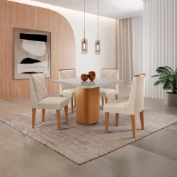 Mesa de Jantar Eloise 90cm Tampo MDF Vidro Canto Copo com 4 Cadeiras Isadora Moderna Mobília