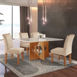 Conjunto Sala de Jantar Mesa Dakota Plus 120x80cm Tampo Vidro com 4 Cadeiras Laura Yescasa Cinamomo/Off White/Suede Pena