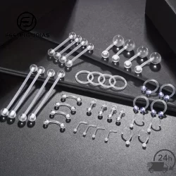 Kit com 30 Peças de Piercing Corporal Transparente - Barbell Industrial, Sobrancelha, Lábio, Nariz