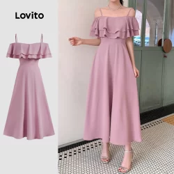 Lovito Vestido elegante com babados lisos para mulheres L123ED521