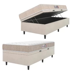 Cama Box Baú Colchão Solteiro Espuma D33 New Millenium 88x188x60cm Branco / Bege Hellen
