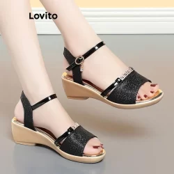 Lovito Elegante simples Flash diamante versátil couro macio sola grossa cunhas inferiores para mulheres LFA65258
