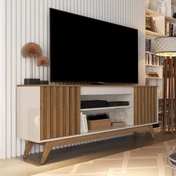 Rack Para TV até 60 Polegadas Retrô Ripado Malibu Wood  Off White/Freijó