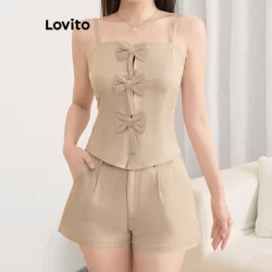 Lovito Conjuntos Shorts Casuais Gravata Frontal Laço Drapeado Conjuntos Shorts Verão/Primavera Para Mulheres L121AD1241