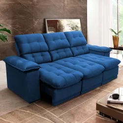 Sofá Retrátil Reclinável Atenas 2,30m Suede Velut Azul Marinho c/ Molas no Assento - King House