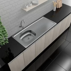Pia de Cozinha em Aço Inox de 120cmx53cm Deslocada para Esquerda Concretada lisa com válvula Bali Para esquerda