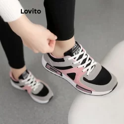 Lovito Esporte Simples Versão Coreana Preto E Branco Cor Combinando Respirável Sapatos Largos Tênis Para Mulher LFA67310