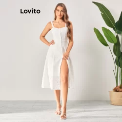 Lovito Vestido Boho Com Botão Liso E Forro Frontal De Algodão Bordado Para Mulheres LBL06120 (Branco)