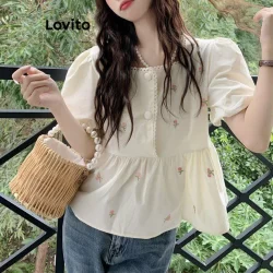 (Trendy) Lovito Blusa Fofa Ditsy Floral Botão Babado Bainha Babado Gola Manga Bufante Blusa Feminina L73AD004