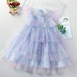 Vestido De Princesa Lantejoulas Para Menina 3-8Y Fancy Kids Unicorn Rainbow Mesh Party Cake Baby Clothes Roupa De Verão