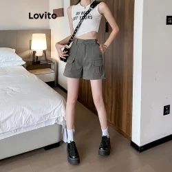 Lovito Casual Shorts Feminino Liso com Botão e Bolso LNA27173 (Cáqui)