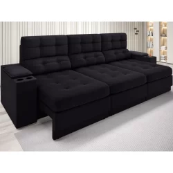 Sofá com Porta Copos e Carregador USB Eureka 2,30m  Assento Retrátil e Reclinável Velosuede Preto - NETSOFAS