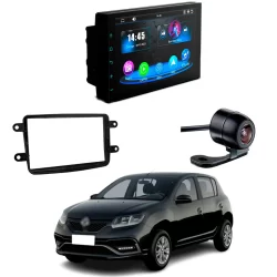 Central Multimídia CarPlay Mp5 2 Din Faaftech 7 Polegadas + Câmera de Ré Borboleta + Moldura Sandero