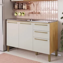 Balcão de Cozinha para Pia 120cm com 3 Portas 2 Gavetas sem Tampo 100% MDF Itália Espresso Móveis Amêndoa/Off White