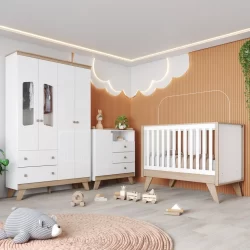 Quarto de Bebê Completo Berço 3 em 1 com Guarda Roupa 4 Portas e Cômoda Retrô Theo Espresso Móveis
