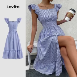 Lovito Vestido Casual listrado com babados e botões para mulheres LBL22602