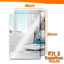 Kit 2 Espelho Adesivo Acrilico Retangular 40x60cm Boa Nitidez Decorativo Sala Banheiro