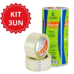 Kit 3 Fita Adesiva Transparente 45x45 Koretech Filme Plastico de BOPP Coberto com Acrílico à Base de Água Super Resistente Para Colagens Simples Fechamento de Caixas