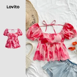 Lovito Blusa Feminina Estilo Boho Com Babados Em Borboleta E Mangas Bufantes, Blusa De Verão/primavera L120LD1261
