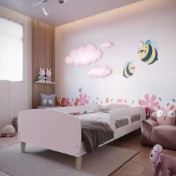 Cama Solteiro Jardim Com Protecao Montessoriana  Branco/Rosa