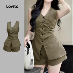 Lovito Top Casual Feminino Com Botões Lisos E Estrutura Frontal Tops Ou Calças De Verão/primavera L125AD181