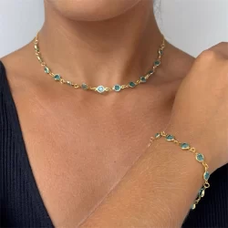 Colar e pulseira Pedra Zirconia Azul Banhado a Ouro 18k
