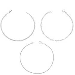 Kit 3 Pulseiras Feminina de Prata 925 Bismark Elo Português e Pipoca Diamantada