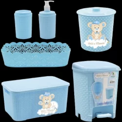Kit 5 Bebê Organizador Higiene Quarto De Bebê Criança Menino Lixeira/Porta Sabonete/Porta Algodao/Cesto/Caixa AZUL