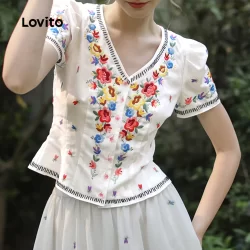 (Trendy) Lovito Blusa Multicolorida Boho Floral Com Botão Verão Primavera Para Mulheres LBL25305