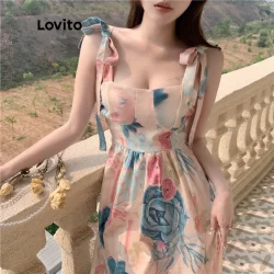 (Trendy) Lovito Vestido Casual Floral Gola Quadrada Sem Mangas Midi Para Mulheres LNE02199 (Rosa)