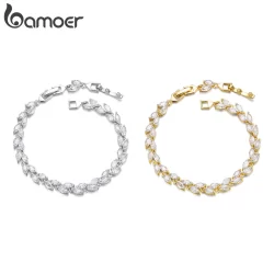 Pulseira Bamoer Estilo Europeu-Americano Banhado A Cobre Ouro Branco Folha De Oliveira Presente Para Mulheres