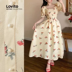 (Lovito Refine) Vestido Elegante com Botões Na Frente  Linha Estrutural  Babados e para Todas As estações LR13L076