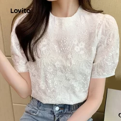 (Trendy) Lovito Blusa Boho com Bordado em Tule e Jacquard Primavera/verão Branca para mulheres L138ED252