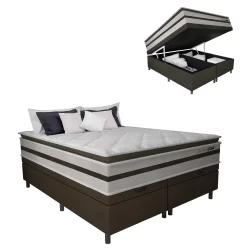 Cama Box Baú Casal King Colchão Molas Ensacadas Pillow Top Love Story 193x203x71cm Branco / Marrom