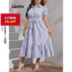 (Trendy) Lovito Vestido Elegante Listrado Babado Bainha Com Cinto Vestido De Manga Bufante Para Mulheres LBL09434