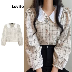 Lovito Blusa Casual Blusa Lisa Com Gola Contrastante Para Mulheres L106AD780