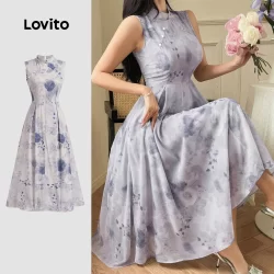 Lovito Vestido Elegante com Abertura Frontal Boa Textura Primavera/verão Vestido Roxo para Mulheres LBL26576