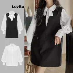 Lovito Conjuntos De Saia Casual Com Bolso De Laço Liso E Blusas Drapeadas Para Mulheres L106AD270